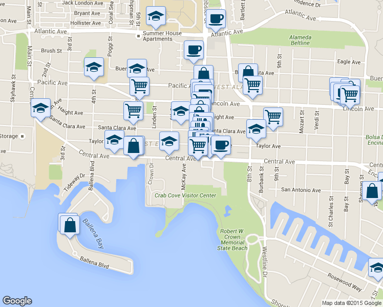 map of restaurants, bars, coffee shops, grocery stores, and more near in Alameda