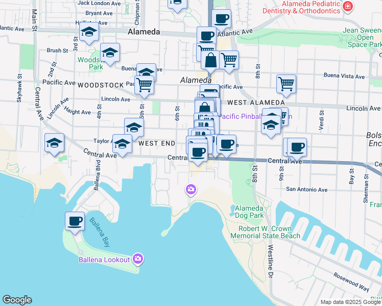 map of restaurants, bars, coffee shops, grocery stores, and more near 621 Central Avenue in Alameda