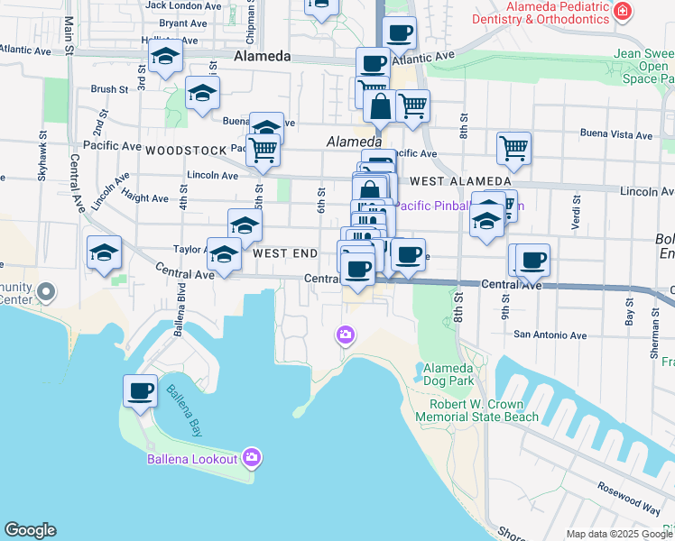 map of restaurants, bars, coffee shops, grocery stores, and more near 621 Central Avenue in Alameda