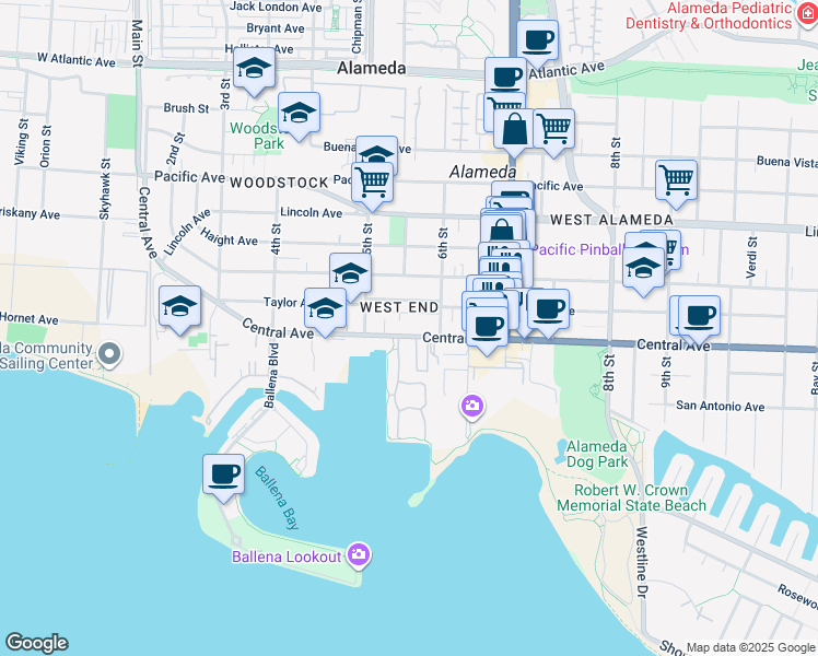 map of restaurants, bars, coffee shops, grocery stores, and more near 555 Central Avenue in Alameda