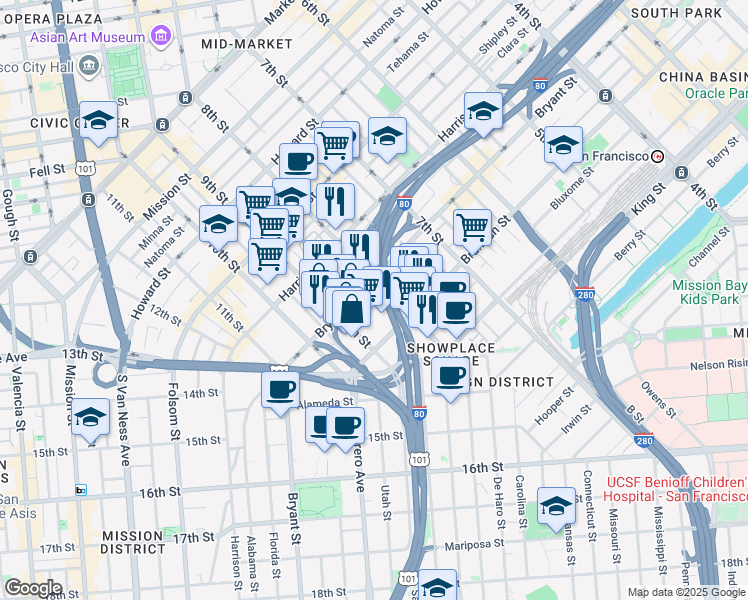 map of restaurants, bars, coffee shops, grocery stores, and more near 1011 Bryant Street in San Francisco