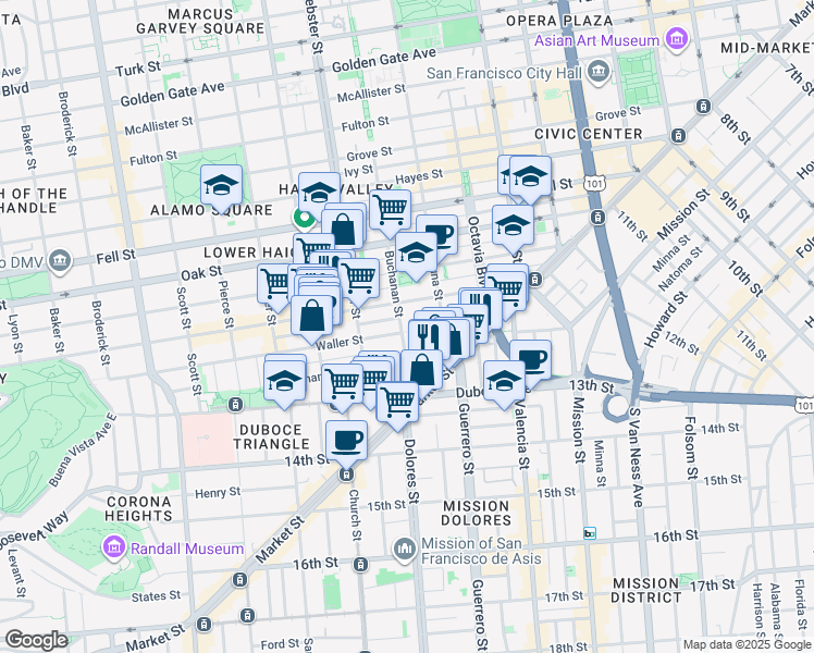 map of restaurants, bars, coffee shops, grocery stores, and more near 120 Buchanan Street in San Francisco