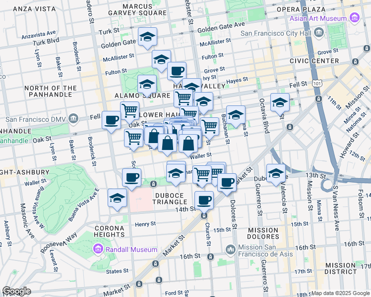 map of restaurants, bars, coffee shops, grocery stores, and more near 215 Steiner Street in San Francisco