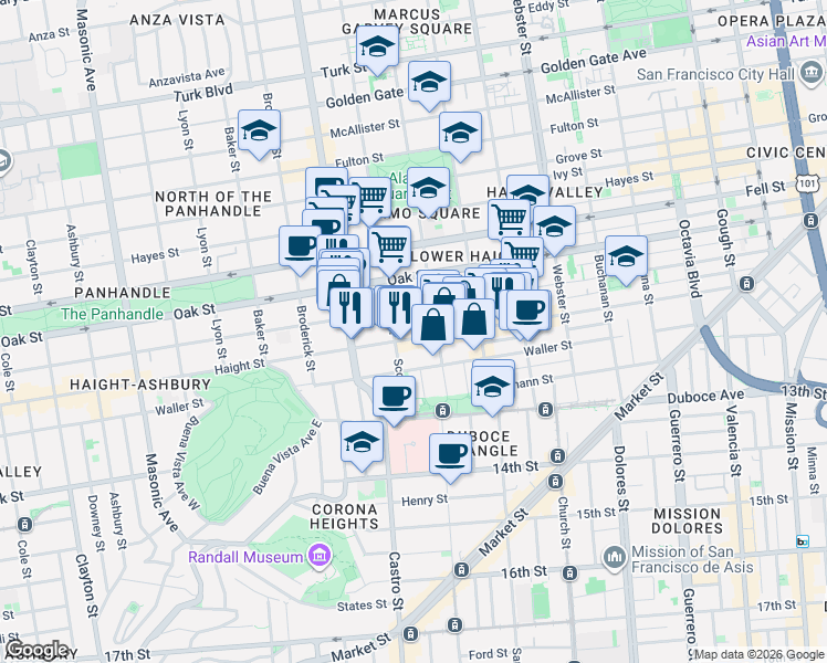 map of restaurants, bars, coffee shops, grocery stores, and more near 747 Haight Street in San Francisco