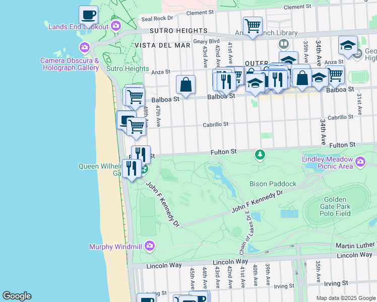 map of restaurants, bars, coffee shops, grocery stores, and more near 6836 Fulton Street in San Francisco