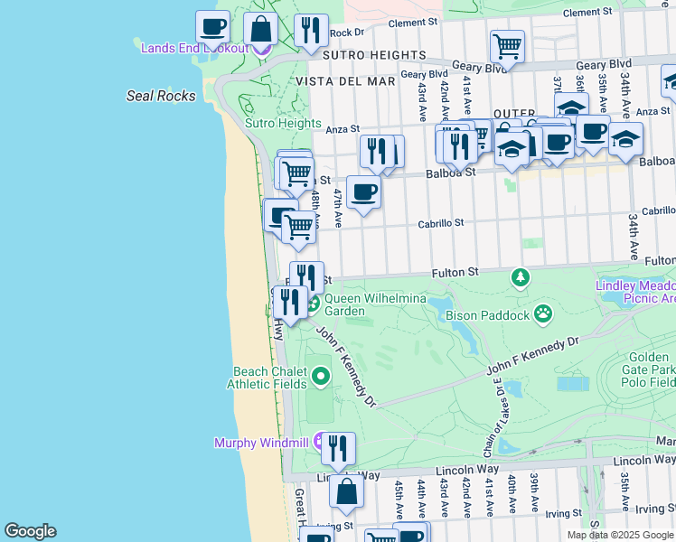 map of restaurants, bars, coffee shops, grocery stores, and more near 890 47th Avenue in San Francisco