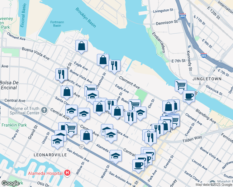 map of restaurants, bars, coffee shops, grocery stores, and more near 2061 Buena Vista Avenue in Alameda