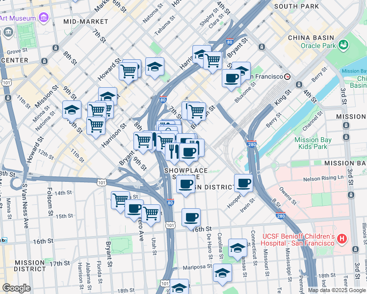 map of restaurants, bars, coffee shops, grocery stores, and more near 855 Brannan Street in San Francisco