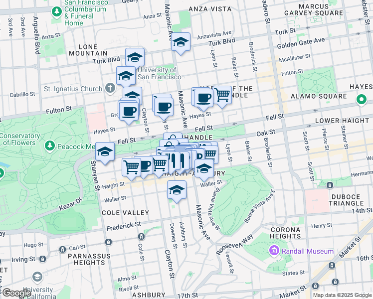 map of restaurants, bars, coffee shops, grocery stores, and more near 1015 Masonic Avenue in San Francisco