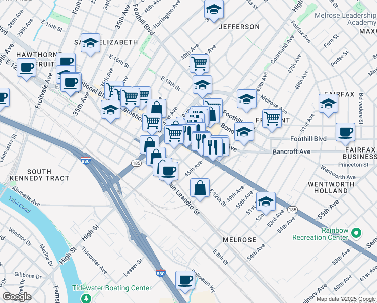 map of restaurants, bars, coffee shops, grocery stores, and more near 4401 International Boulevard in Oakland