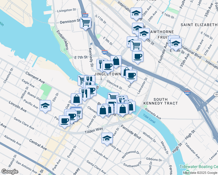 map of restaurants, bars, coffee shops, grocery stores, and more near 2813 Regatta Drive in Oakland