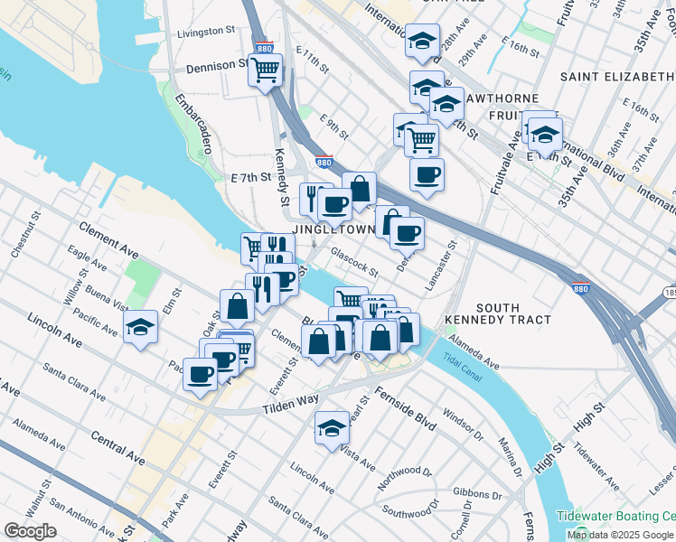 map of restaurants, bars, coffee shops, grocery stores, and more near 2817 Regatta Drive in Oakland