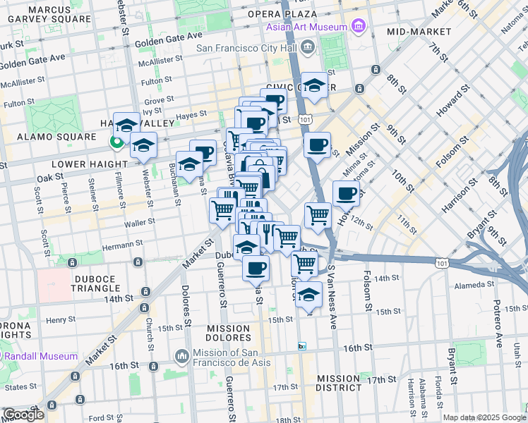 map of restaurants, bars, coffee shops, grocery stores, and more near 68 McCoppin Street in San Francisco