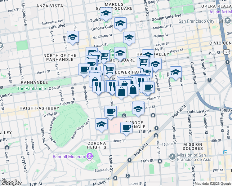 map of restaurants, bars, coffee shops, grocery stores, and more near 747 Haight Street in San Francisco