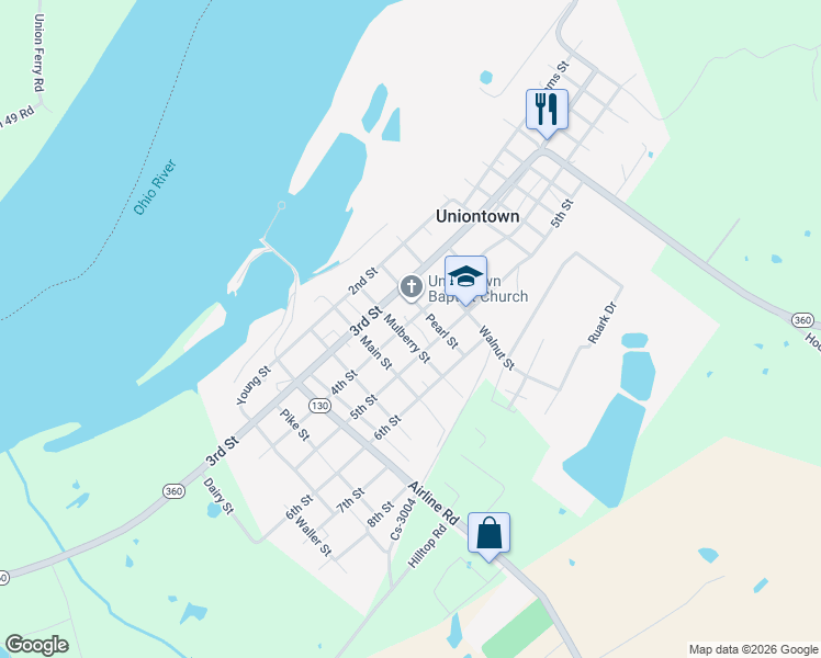 map of restaurants, bars, coffee shops, grocery stores, and more near 401-425 Mulberry Street in Uniontown