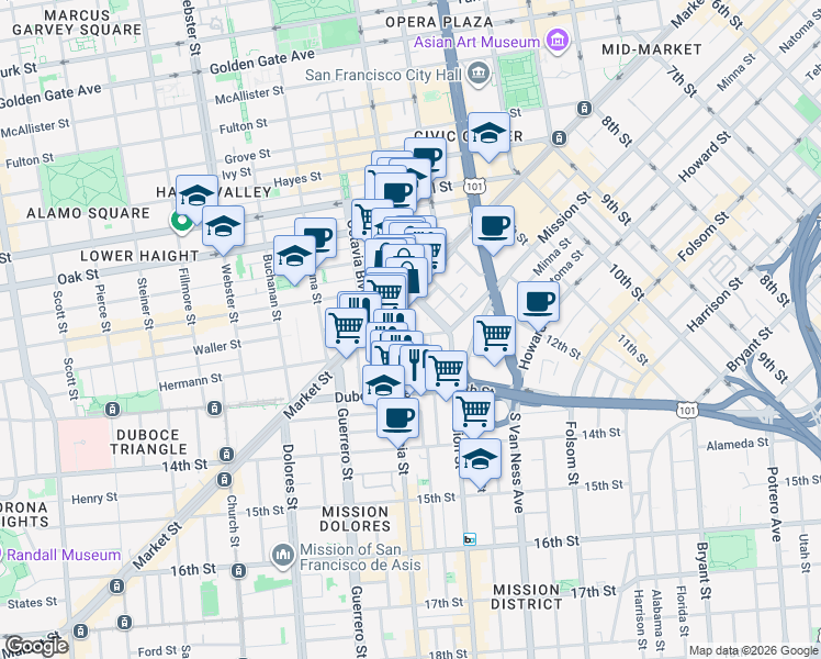 map of restaurants, bars, coffee shops, grocery stores, and more near 68 McCoppin Street in San Francisco
