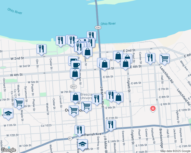 map of restaurants, bars, coffee shops, grocery stores, and more near 429 Daviess Street in Owensboro
