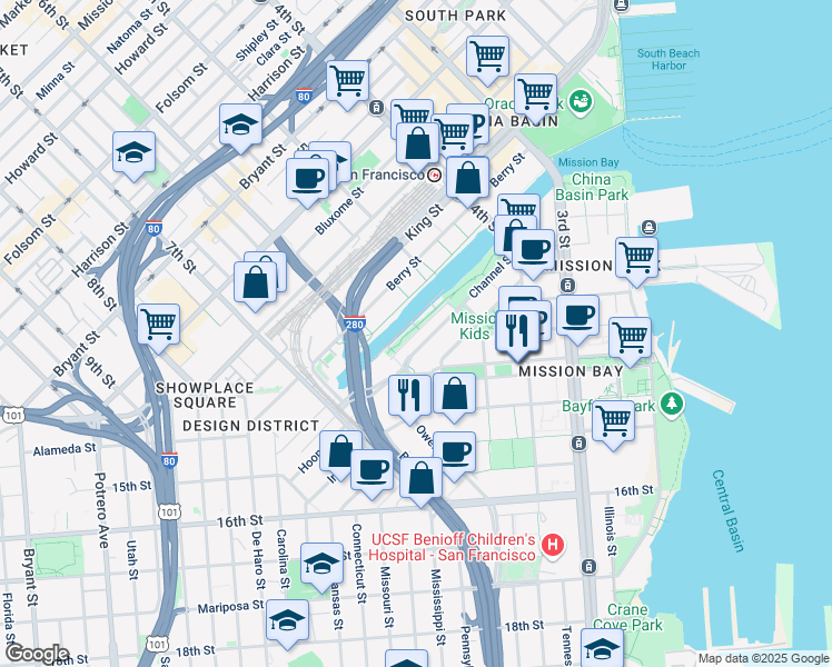map of restaurants, bars, coffee shops, grocery stores, and more near Channel Street in San Francisco