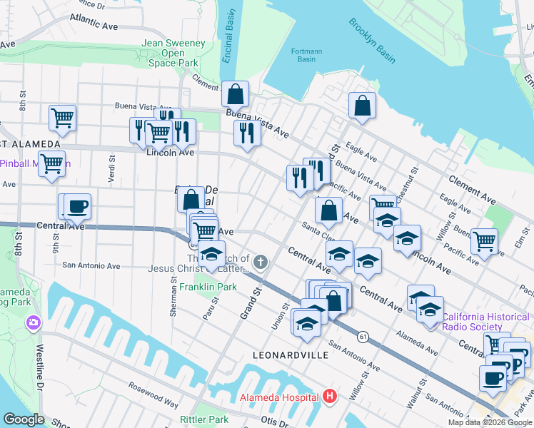 map of restaurants, bars, coffee shops, grocery stores, and more near 1612 Santa Clara Avenue in Alameda