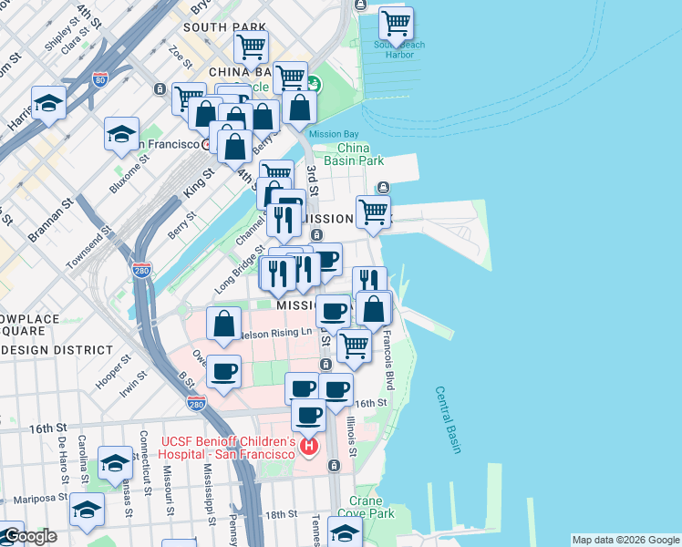 map of restaurants, bars, coffee shops, grocery stores, and more near 435 China Basin Street in San Francisco