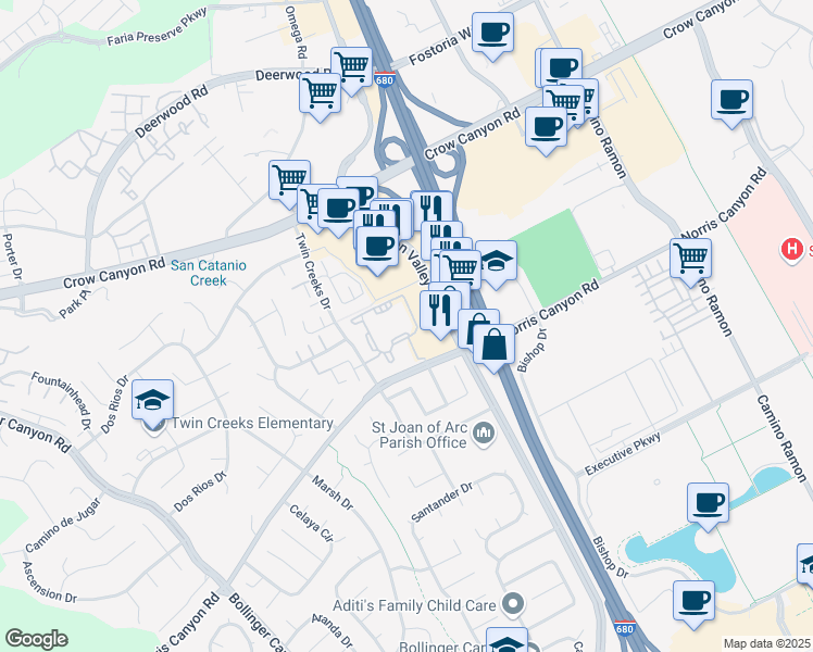 map of restaurants, bars, coffee shops, grocery stores, and more near 1116 Canyon Village Circle in San Ramon