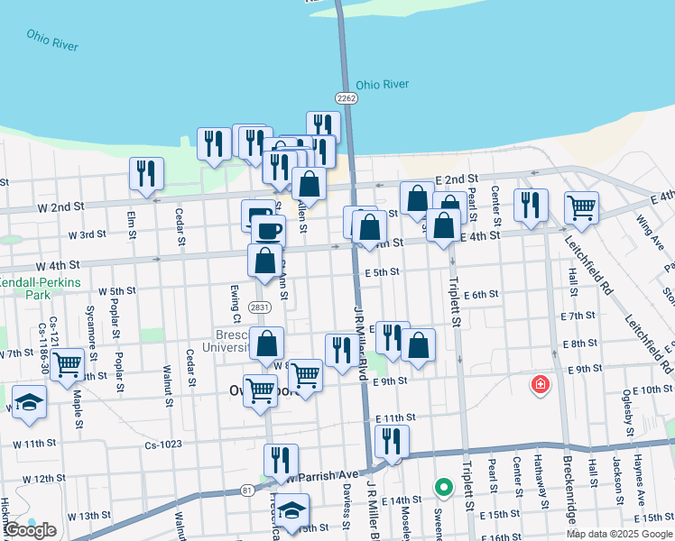 map of restaurants, bars, coffee shops, grocery stores, and more near 429 Daviess Street in Owensboro
