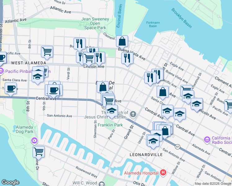 map of restaurants, bars, coffee shops, grocery stores, and more near 1410 Benton Street in Alameda