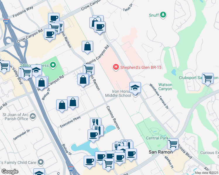 map of restaurants, bars, coffee shops, grocery stores, and more near 2527 Camino Ramon in San Ramon