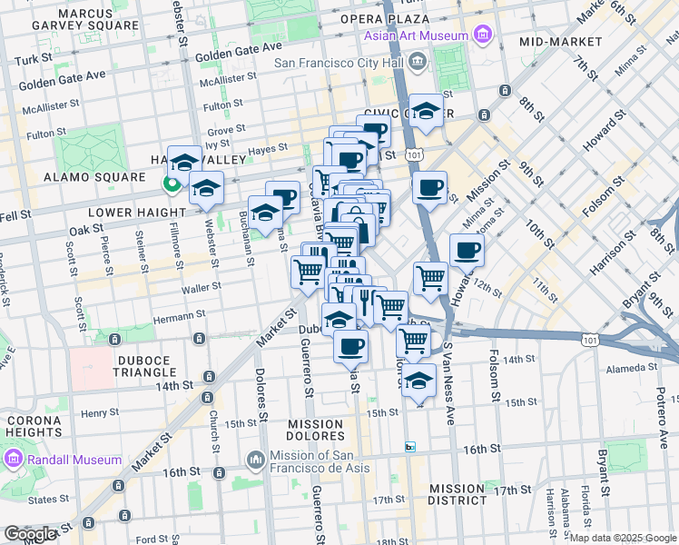 map of restaurants, bars, coffee shops, grocery stores, and more near 1745 Market Street in San Francisco