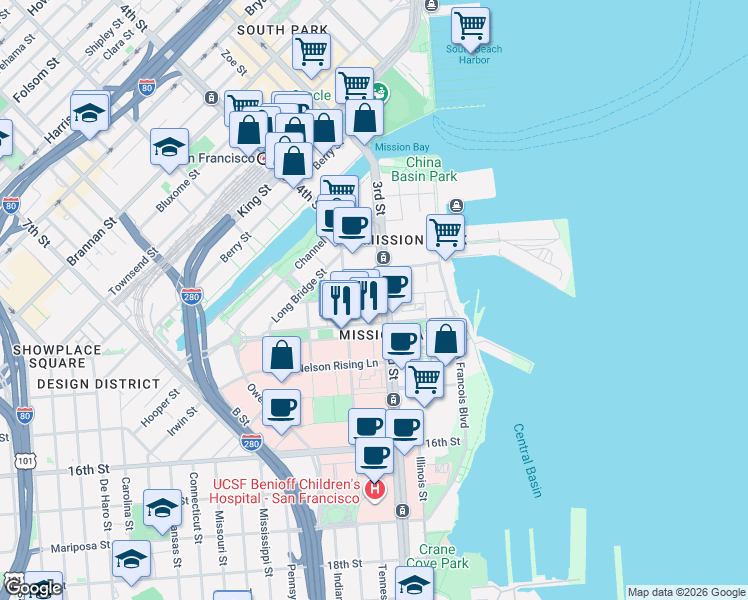map of restaurants, bars, coffee shops, grocery stores, and more near 343 22nd St in San Francisco