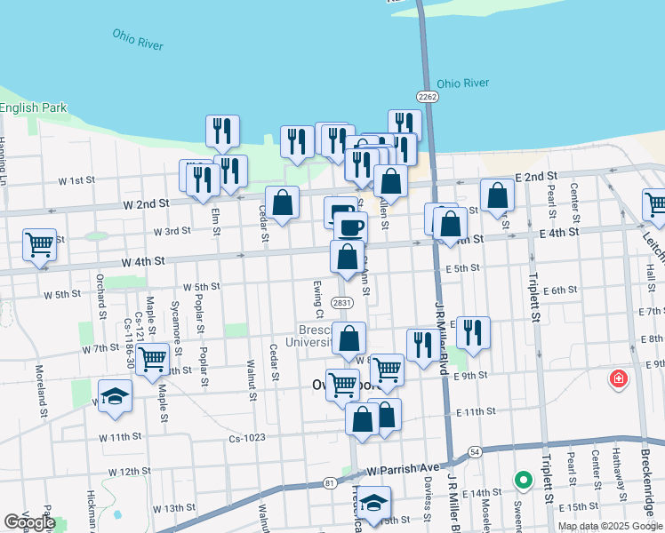 map of restaurants, bars, coffee shops, grocery stores, and more near 420 Frederica Street in Owensboro