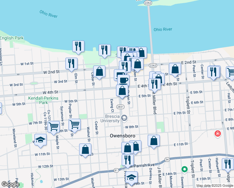 map of restaurants, bars, coffee shops, grocery stores, and more near 420 Frederica Street in Owensboro