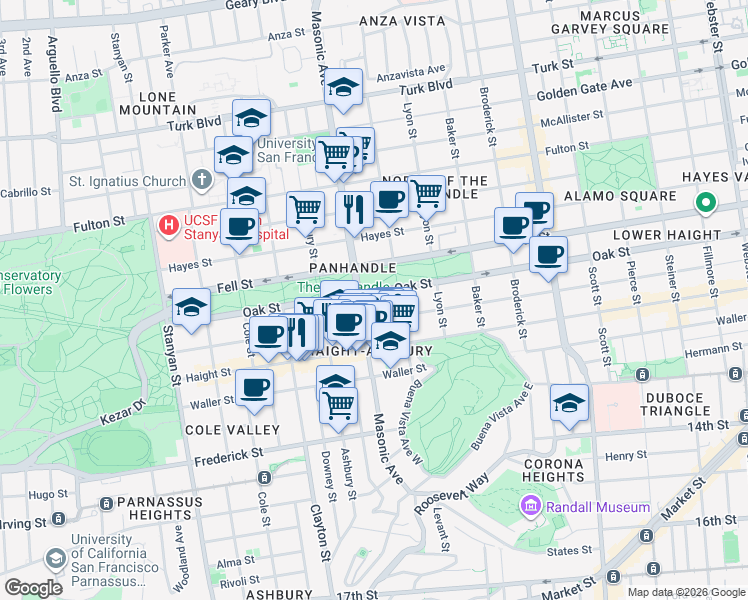 map of restaurants, bars, coffee shops, grocery stores, and more near 1466 Page Street in San Francisco