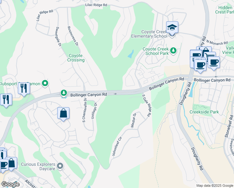 map of restaurants, bars, coffee shops, grocery stores, and more near Bollinger Canyon Road in San Ramon
