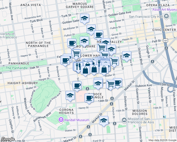 map of restaurants, bars, coffee shops, grocery stores, and more near 674 Haight Street in San Francisco