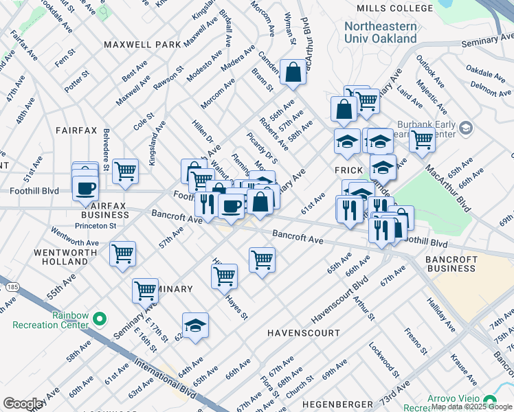 map of restaurants, bars, coffee shops, grocery stores, and more near 2607 Seminary Avenue in Oakland