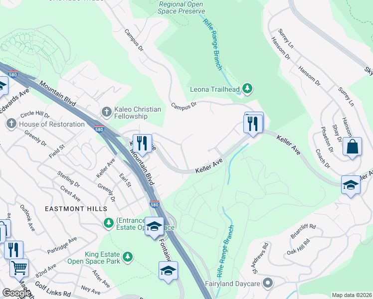 map of restaurants, bars, coffee shops, grocery stores, and more near 4329 Rilea Way in Oakland