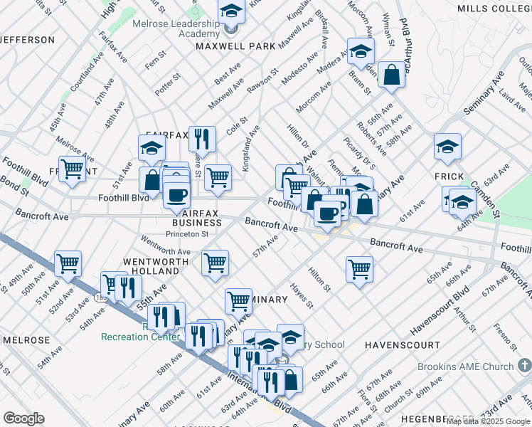 map of restaurants, bars, coffee shops, grocery stores, and more near 5500 Bancroft Avenue in Oakland