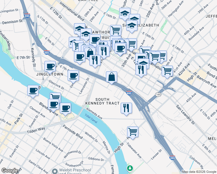 map of restaurants, bars, coffee shops, grocery stores, and more near 3413 Elmwood Avenue in Oakland