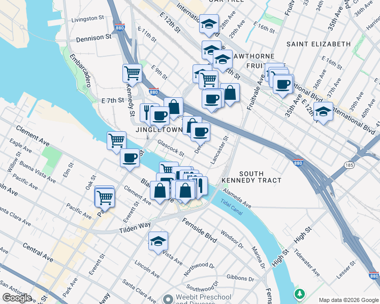 map of restaurants, bars, coffee shops, grocery stores, and more near 2999 Glascock Street in Oakland