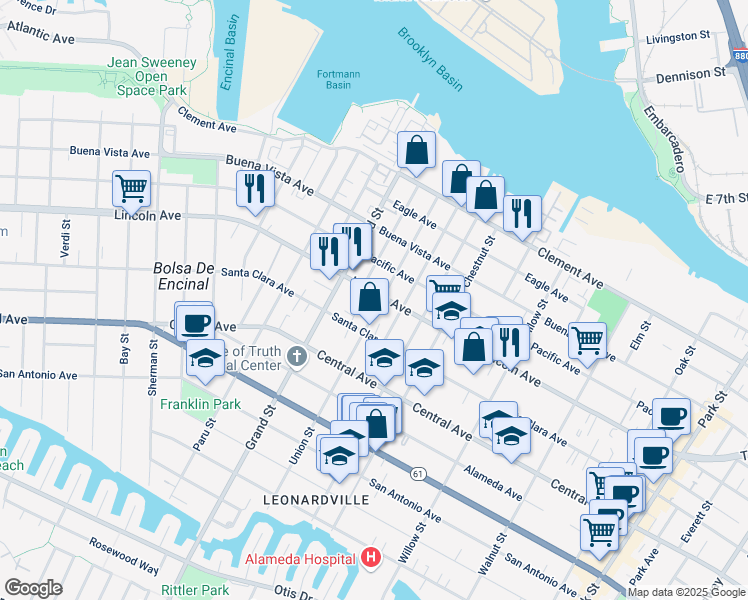 map of restaurants, bars, coffee shops, grocery stores, and more near 1511 Union Street in Alameda
