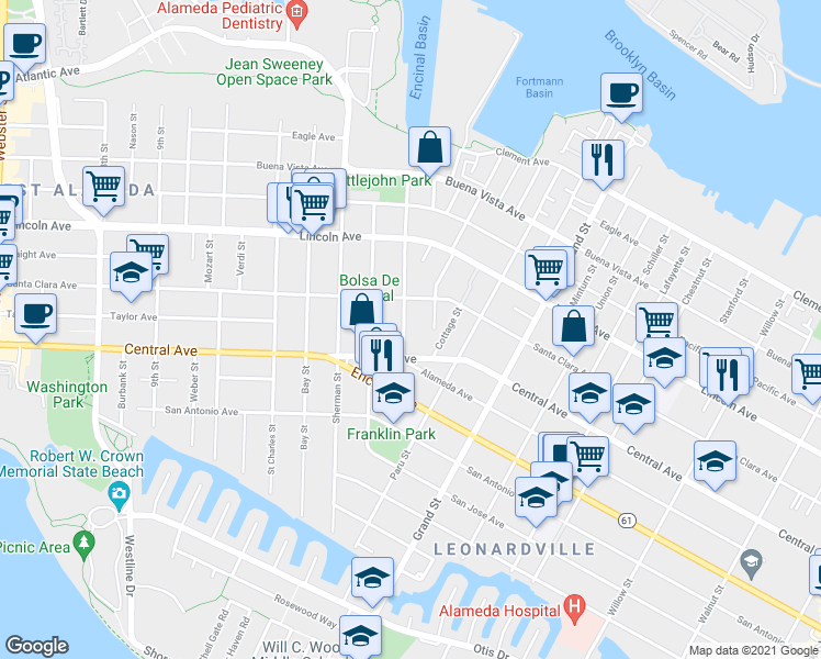 map of restaurants, bars, coffee shops, grocery stores, and more near 1410 Benton Street in Alameda