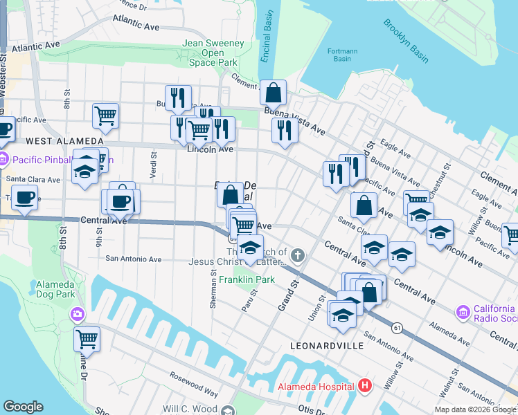 map of restaurants, bars, coffee shops, grocery stores, and more near 1410 Benton Street in Alameda