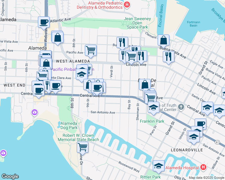 map of restaurants, bars, coffee shops, grocery stores, and more near 1035 Central Avenue in Alameda