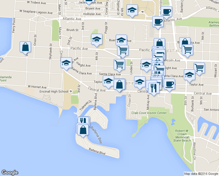 map of restaurants, bars, coffee shops, grocery stores, and more near 434 Central Avenue in Alameda