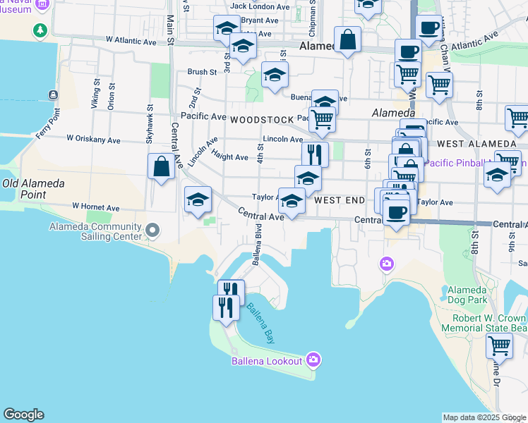 map of restaurants, bars, coffee shops, grocery stores, and more near 404 Central Avenue in Alameda