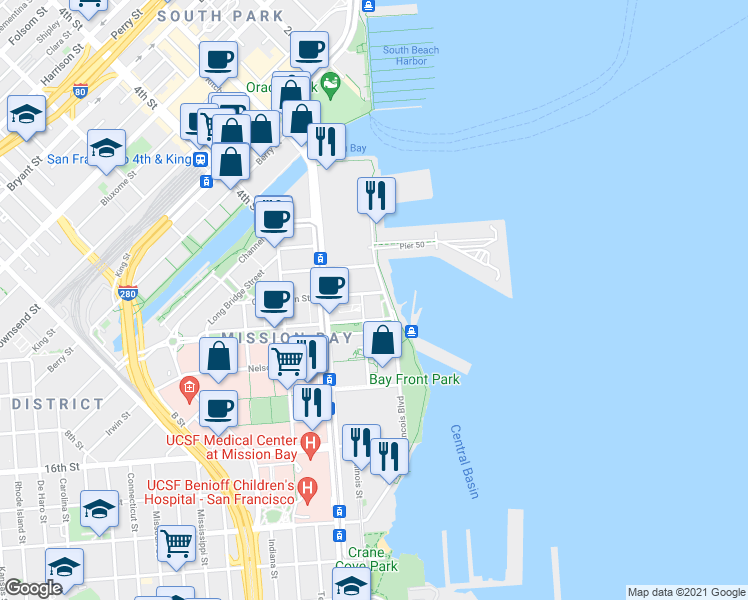 map of restaurants, bars, coffee shops, grocery stores, and more near 400 Mission Bay Boulevard North in San Francisco