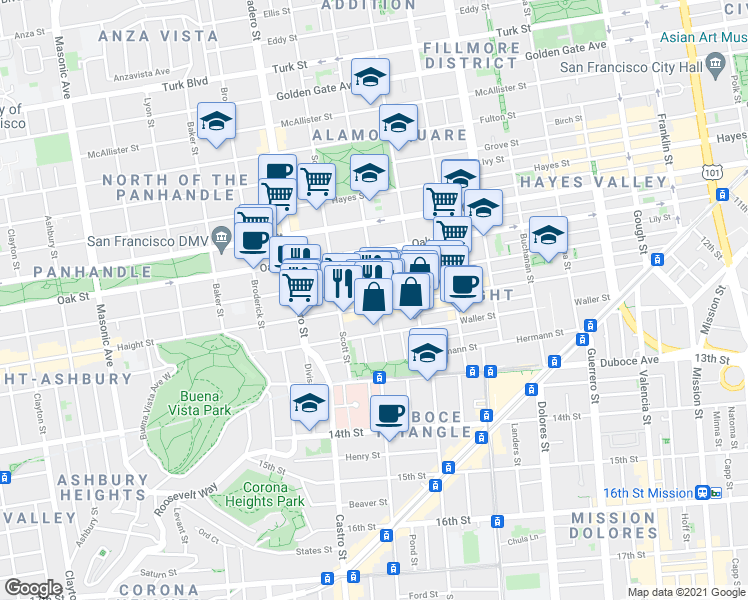 map of restaurants, bars, coffee shops, grocery stores, and more near 747 Haight Street in San Francisco