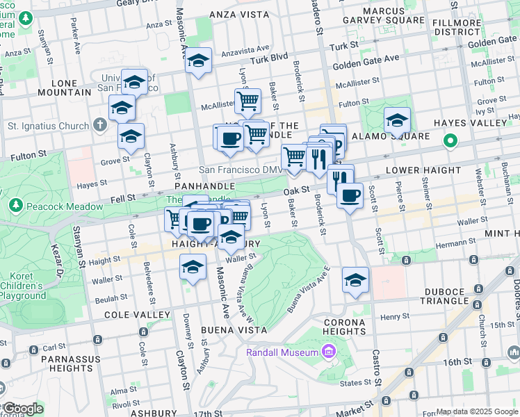 map of restaurants, bars, coffee shops, grocery stores, and more near 111 Lyon Street in San Francisco
