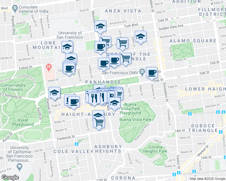 map of restaurants, bars, coffee shops, grocery stores, and more near 1466 Page Street in San Francisco